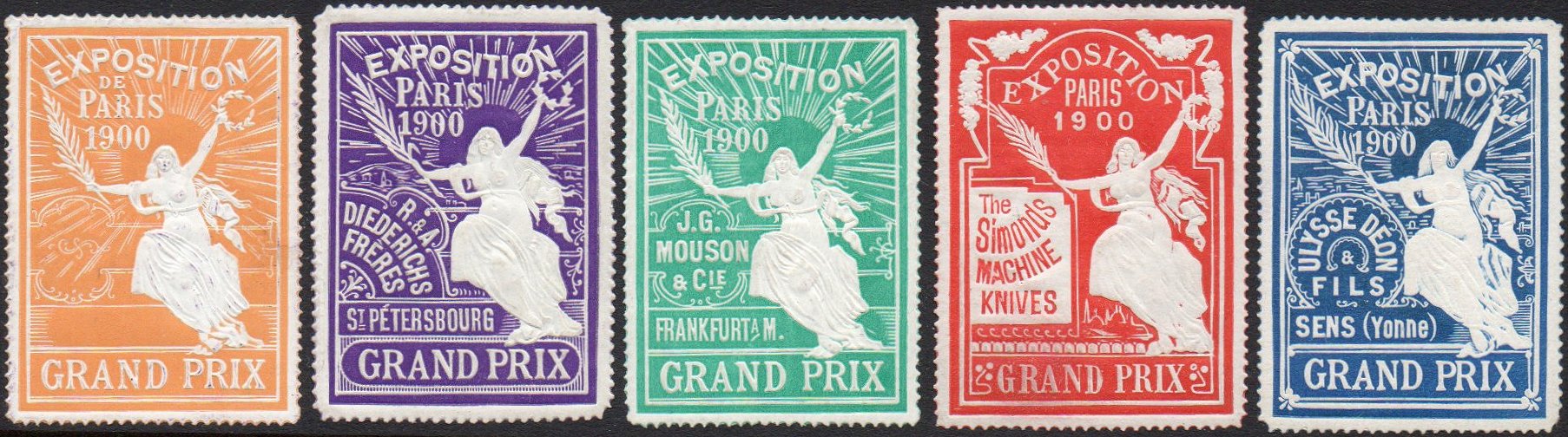 Paris Exposition 1900 Poster Stamps : Cinderellas Vignettes Erinnophile : Diederichs Frères, St. Petersburg : J. G. Mouson & Cie, Frankfurt am Main : The Simonds Machine Knives : Ulysse Déon & Fils, Sens (Yonne)